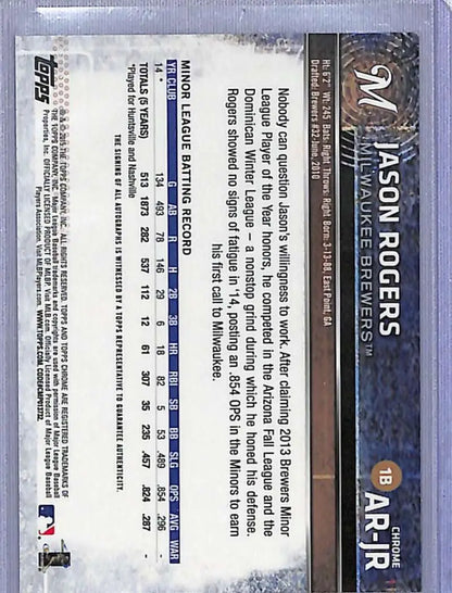 Back side of 2015 Topps Chrome Jason Rogers autographed baseball card showing stats