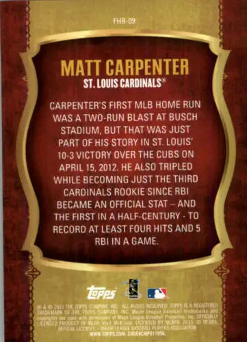 Baseball card back of 2015 Topps First Home Run Matt Carpenter with original gloss