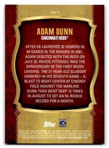Adam Dunn baseball card back showcasing original gloss from 2015 Topps First Home Run