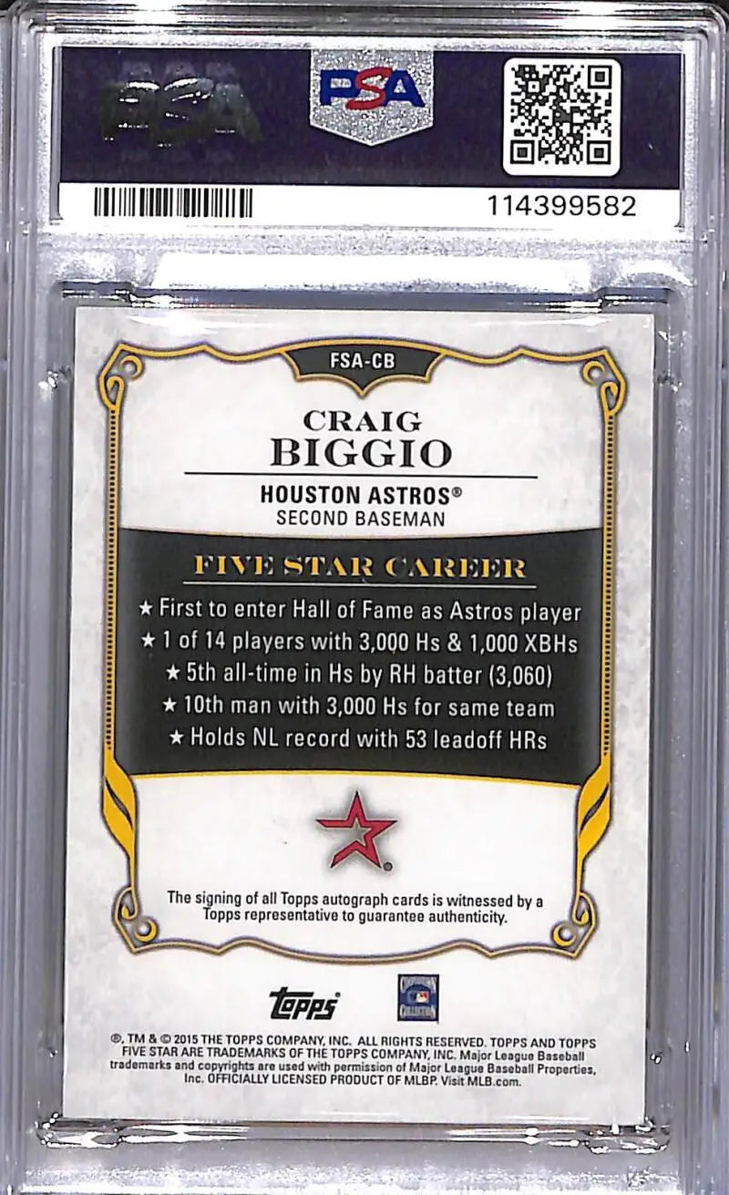 Graded Craig Biggio baseball card from 2015 Topps Five Star Rainbow series, PSA 9 MINT