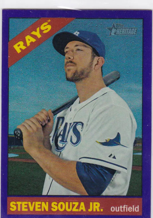 Purple Chrome Tampa baseball card of Steven Souza Jr. in Rays uniform with bat