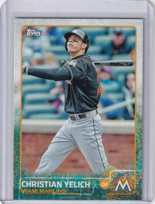 Baseball card of Christian Yelich mid-swing from 2015 Topps Team Set #MM9 Miami Marlins