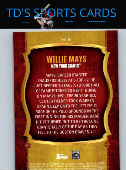 Willie Mays baseball card from 2015 Topps Update showcasing first home run memorabilia