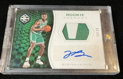 Framed basketball trading card of Jaylen Brown from Panini Limited Rookie Patch Phenoms
