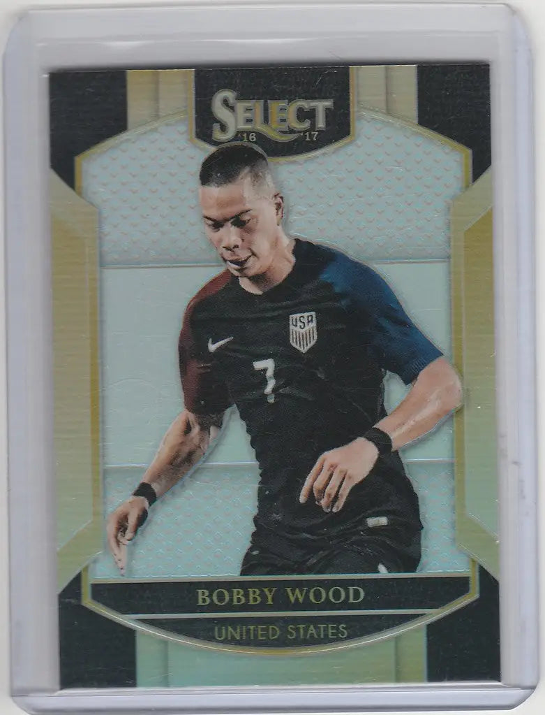 Soccer trading card of Bobby Wood in a dark United States jersey, Panini Select