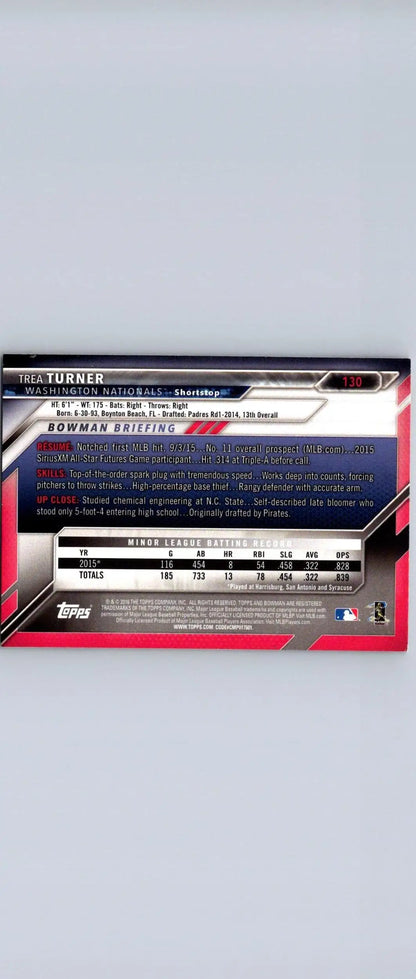 Trea Turner trading card, 2016 Bowman #130 baseball card collectible