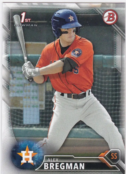 Baseball card of BP4 Alex Bregman in orange jersey, 1st Bowman Houston Astros RC