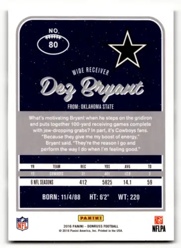 Dez Bryant football card 2016 Donruss #80 featuring original gloss, Simply Sandoval