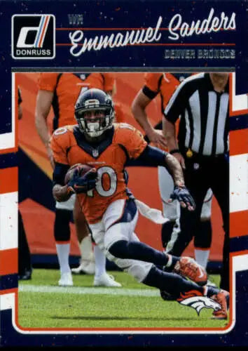 Football trading card of Emmanuel Sanders in orange jersey evading tackle, original gloss