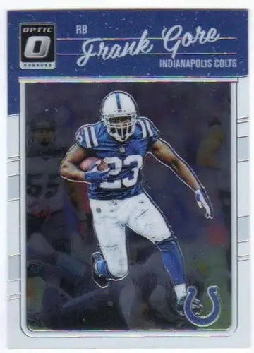 Original gloss football trading card of Frank Gore in blue uniform from Simply Sandoval cards typically sell