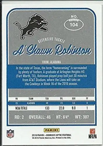 A’Shawn Robinson 2016 Donruss Optic Rookies Pink football card original gloss NM-MT