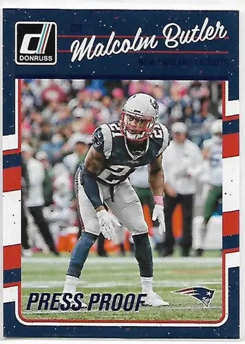 Malcolm Butler football card from 2016 Donruss Press Proofs Blue series
