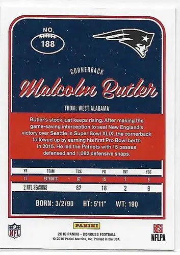 Malcolm Butler football card from 2016 Donruss Press Proofs Blue series
