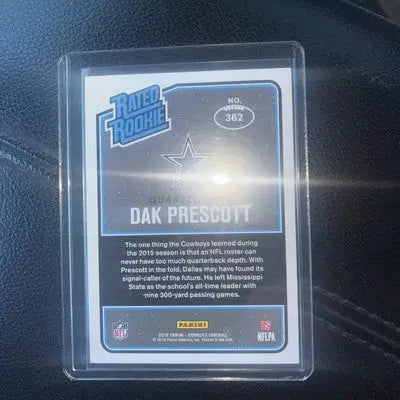 Dak Prescott rookie card from 2016 Donruss Rated Rookies series display