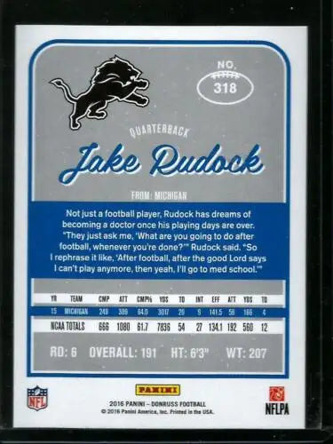 Jake Rudock football card from 2016 Donruss Rookies with original gloss finish