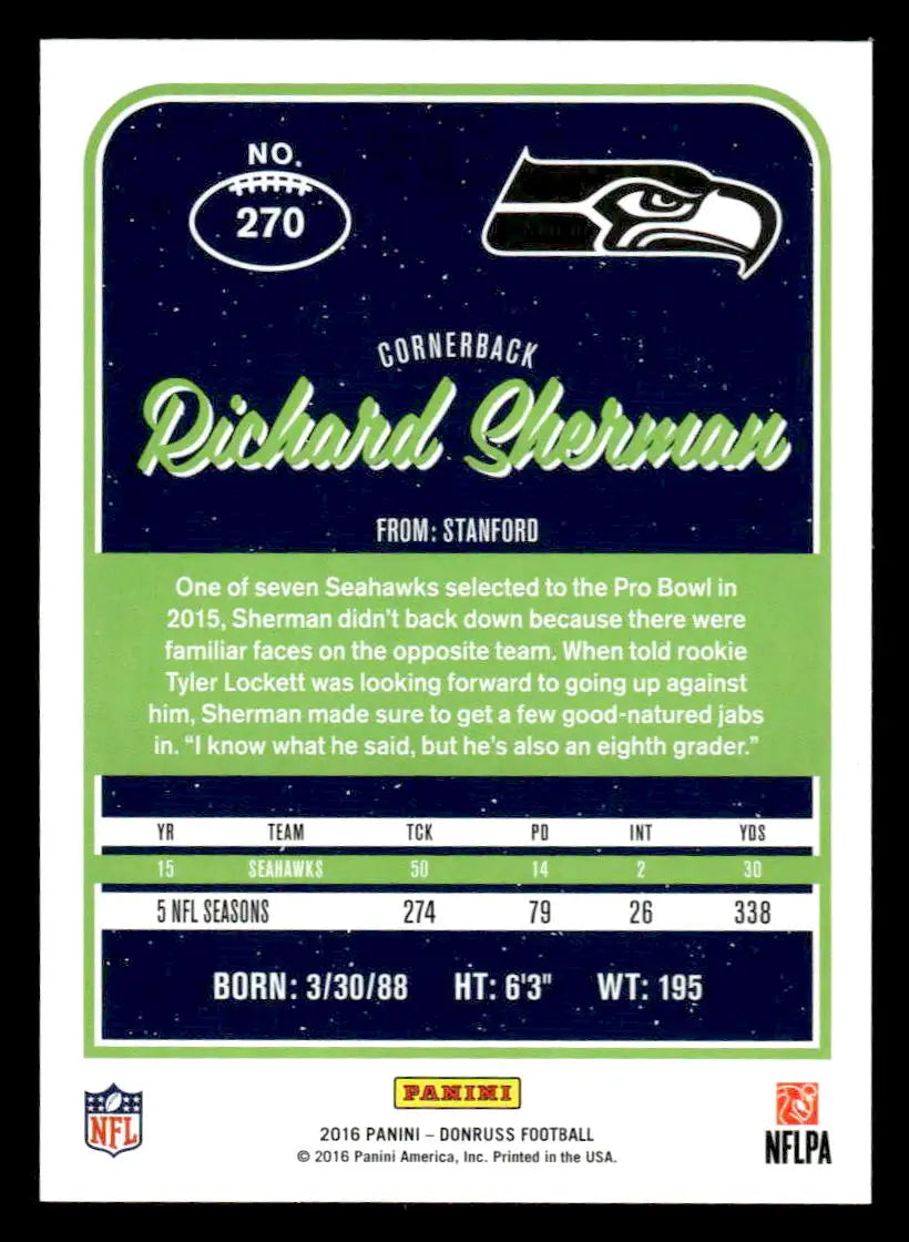 Richard Sherman football card from 2016 Donruss Seattle Seahawks collection