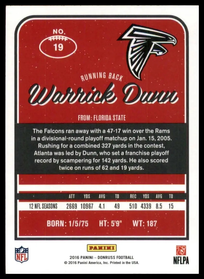 2016 Donruss Warrick Dunn #19 Atlanta Falcons Football Card NFL Sports - Football Card