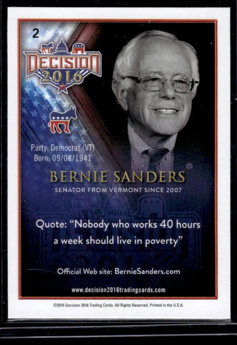 Political trading card of Bernie Sanders highlighting quote on working hours and poverty