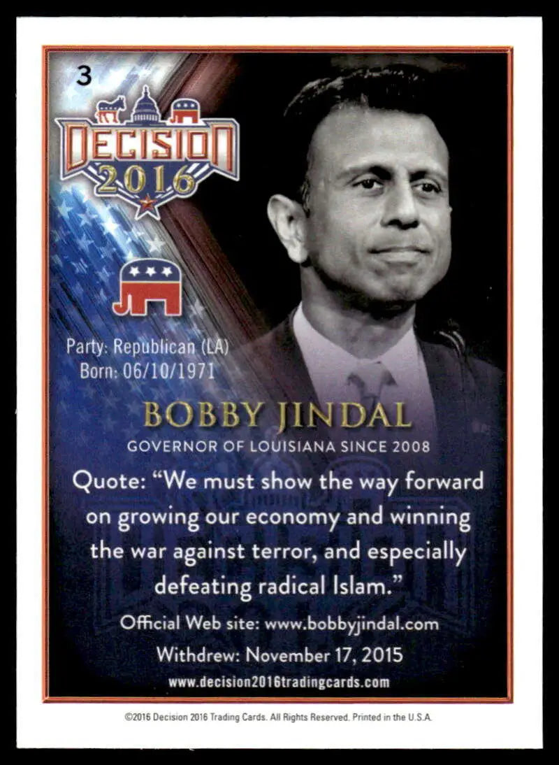 2016 Leaf Decision Trading Card of Bobby Jindal, Republican Governor of Louisiana