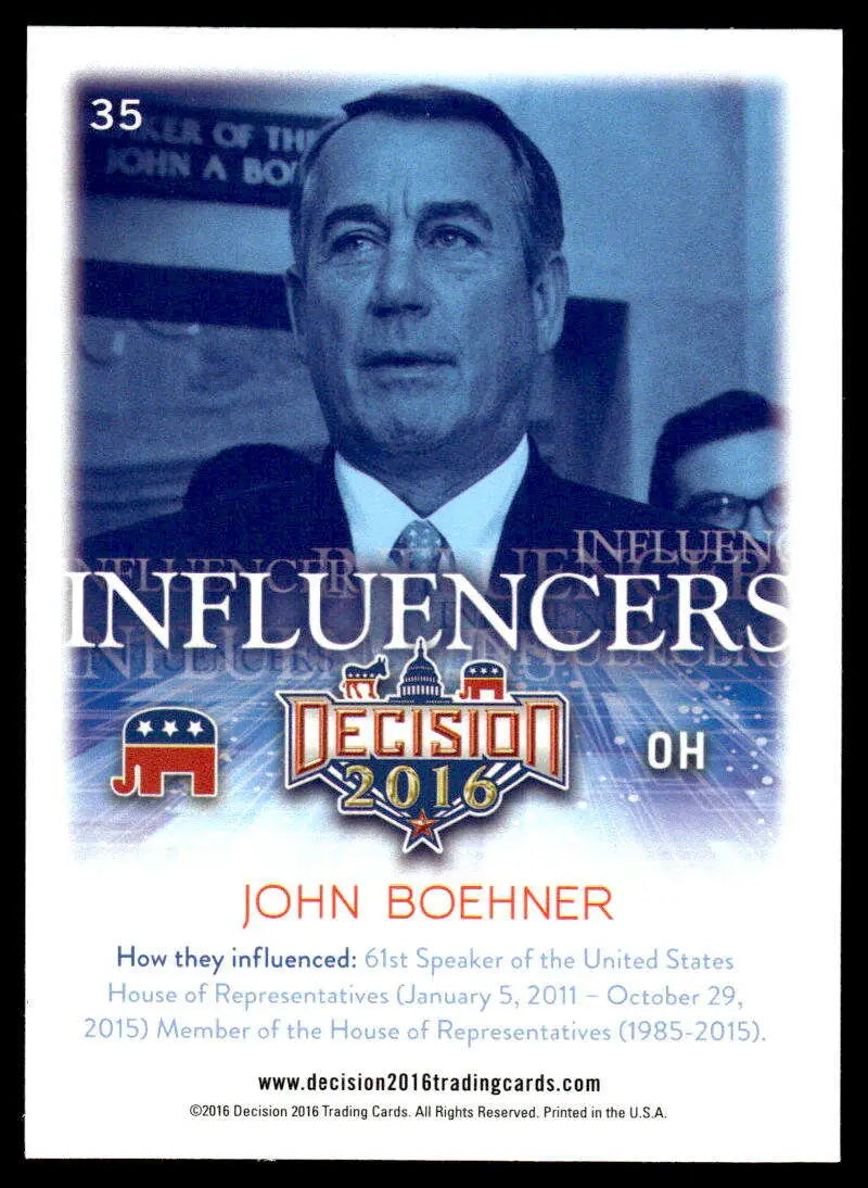 Trading card of John Boehner with Republican and Democratic symbols from Leaf Decision