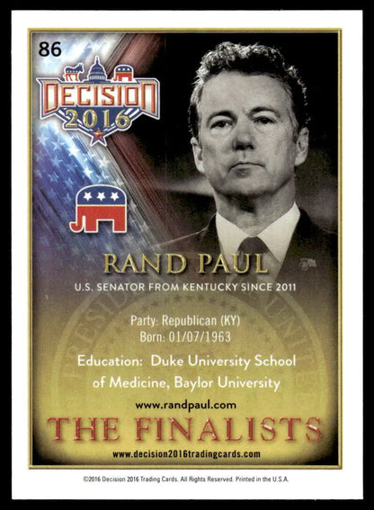 Rand Paul Political Trading Card from Leaf Decision 2016 series featuring Republican Senator