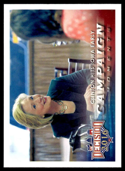 Trading card of Clinton in black top with blurred background from Leaf Decision Iowa Early