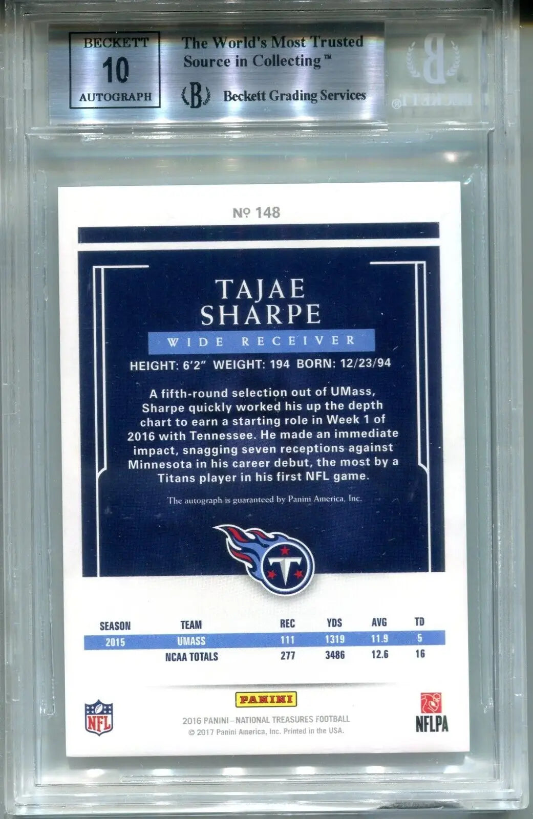 Graded Tajae Sharpe football card from 2016 National Treasures limited edition