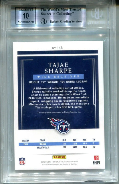 Graded Tajae Sharpe football card from 2016 National Treasures limited edition