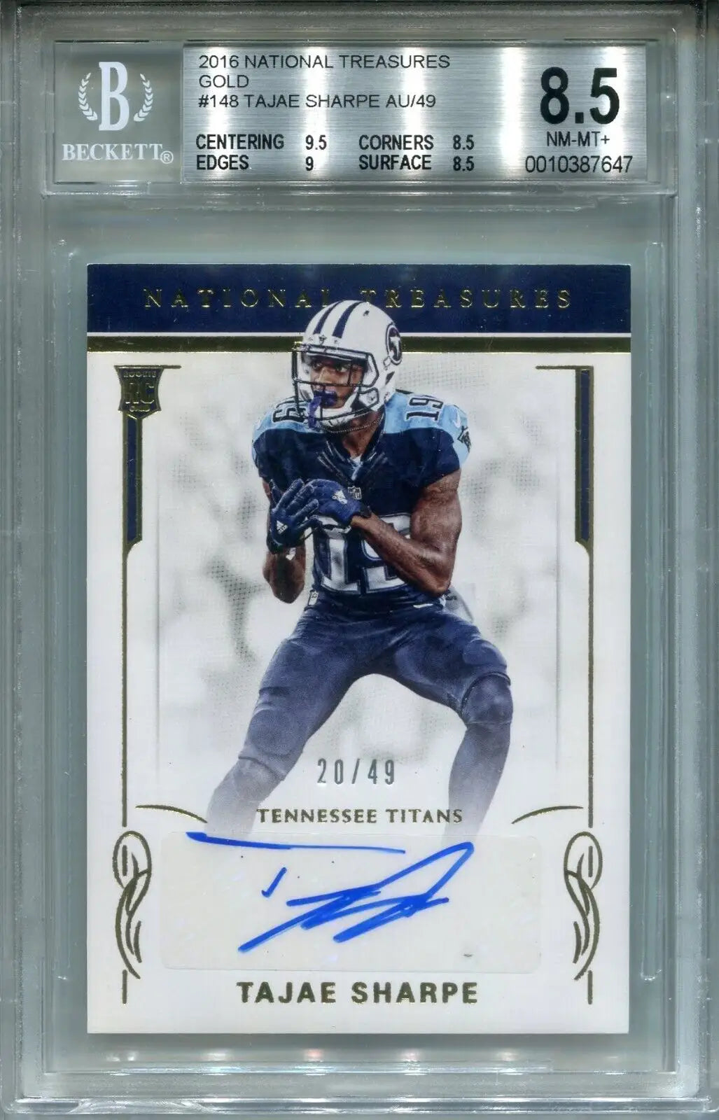 Graded National Treasures Tajae Sharpe autographed football card BGS 8.5 Titans #/49 Gold