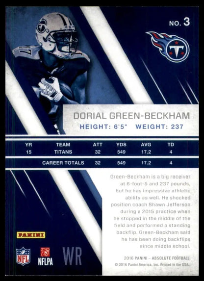 Football card featuring Dorial Green-Beckham from 2016 Panini Absolute Tennessee Titans NFL collection