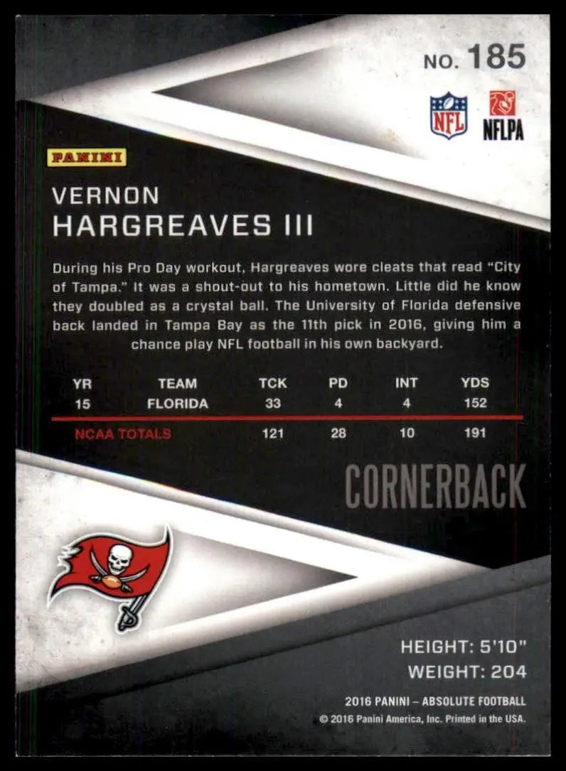 Back of Vernon Hargreaves III football card from 2016 Panini Absolute Tampa Bay Buccaneers