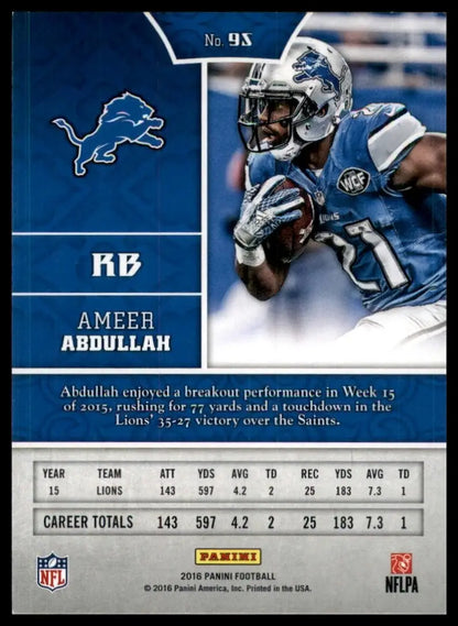 2016 Panini Ameer Abdullah #95 Detroit Lions Football Card NFL Sports - Football Card