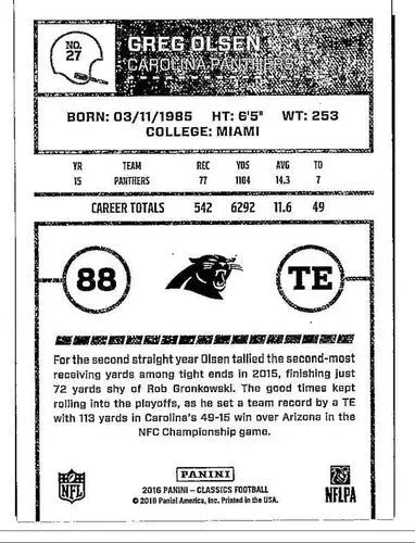 Original gloss Panini Classics Greg Olsen football card from 2016 Panthers NM-MT