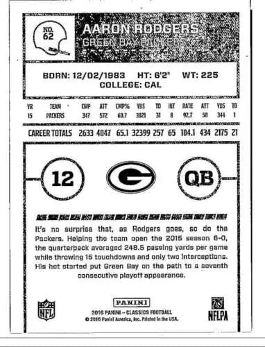 Aaron Rodgers football card featuring original gloss from 2016 Panini Classics NM-MT Packers