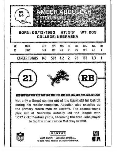 Ameer Abdullah football card showcasing original gloss from Panini Classics 2016