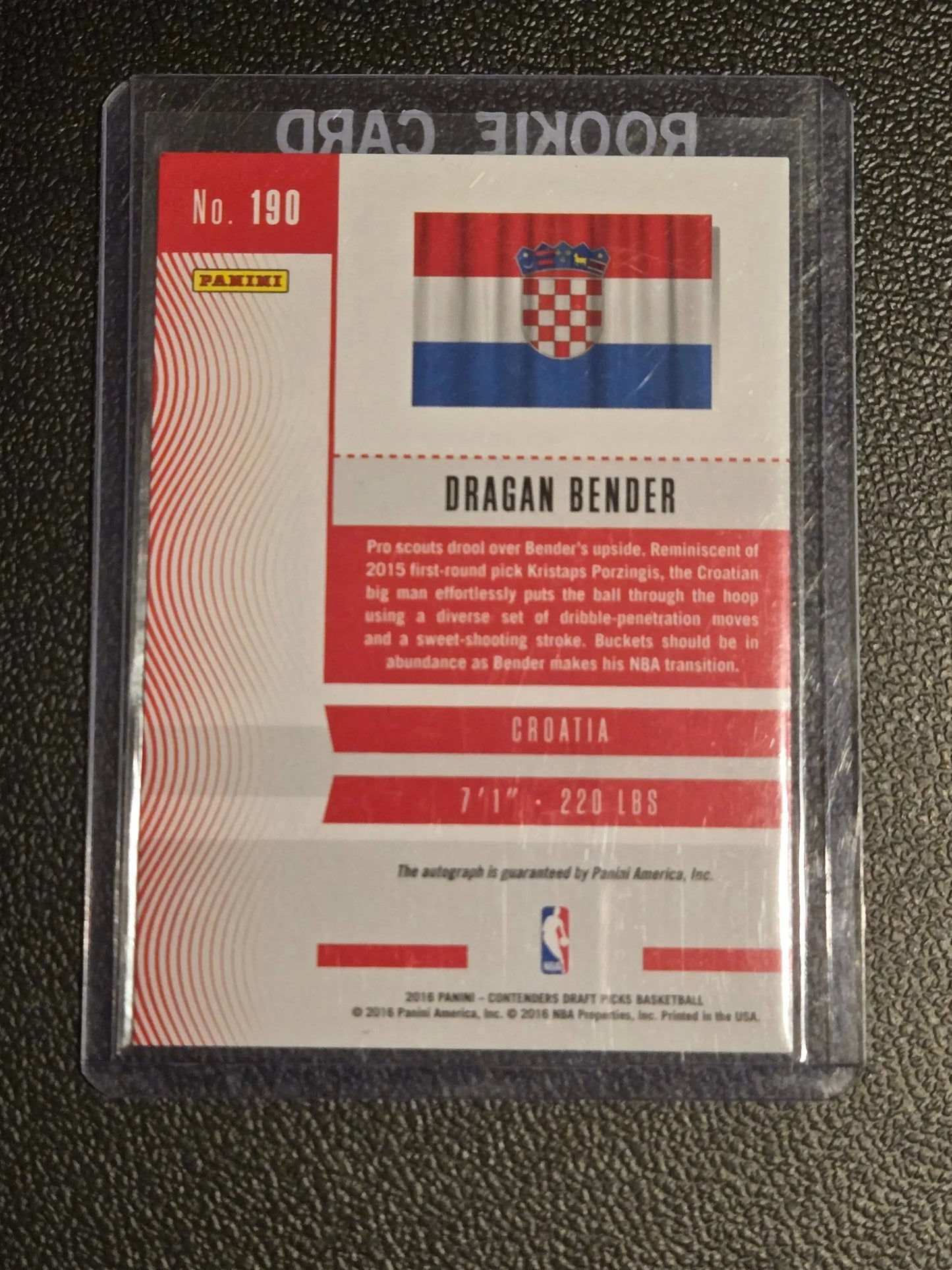 Back of a Dragan Bender rookie basketball card from Panini Contenders Draft Picks