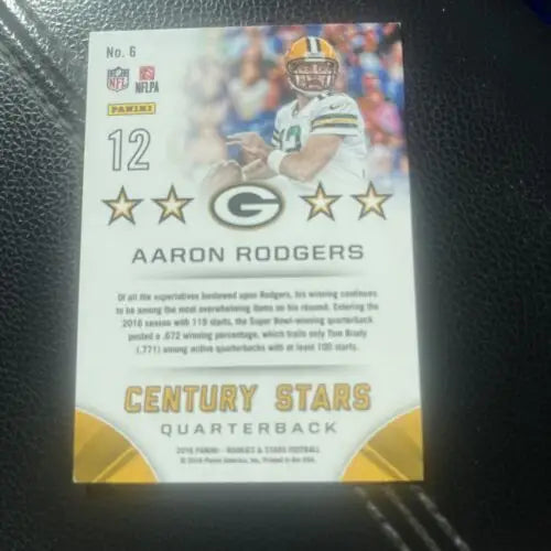 Aaron Rodgers football card from 2016 Panini Rookies & Stars Century Stars #6