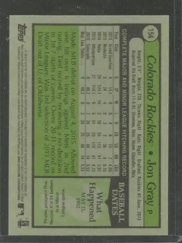 Baseball card back from Topps Archives featuring Jon Gray rookie with original gloss