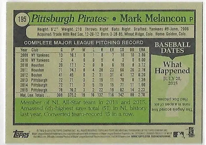 Original gloss Topps Archives 2016 Mark Melancon baseball card Pirates 1979 design