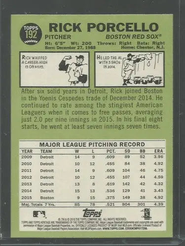 2016 Topps Heritage #192 Rick Porcello NM Near Mint Red Sox ID:33537 - Trading Cards