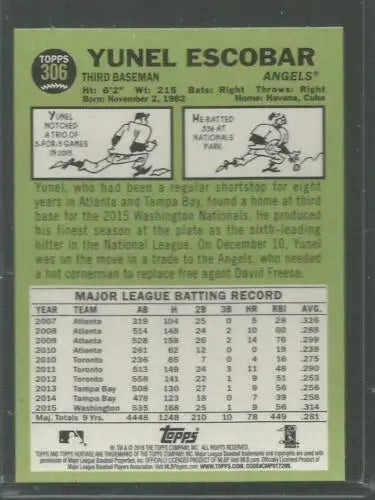 2016 Topps Heritage #306 Yunel Escobar NM-MT Angels original gloss baseball card