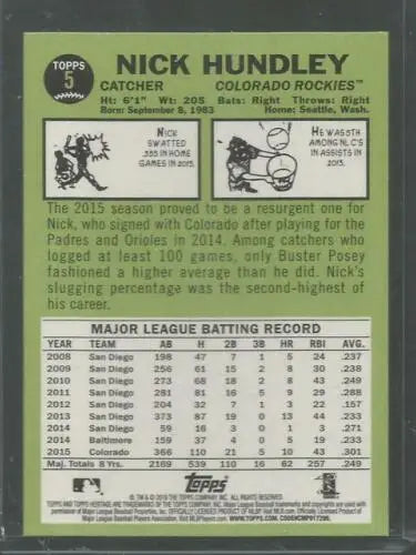 2016 Topps Heritage #5 Nick Hundley NM-MT Rockies baseball card with original gloss