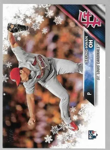 Baseball card featuring pitcher Seung-Hwan Oh, Topps Holiday Rookie Cardinals, original gloss