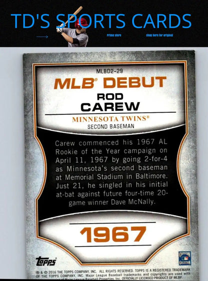 Rod Carew baseball card from 2016 Topps series showcasing Rod Carew MLB debut silver card