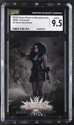 Graded WWE Immortals trading card featuring Wrestlemania Dark Sorceress from Topps Road to Wrestlemania