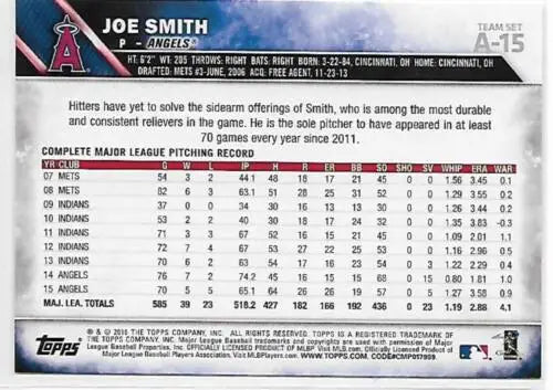 Joe Smith baseball card from 2016 Topps Team Sets Los Angeles Angels with original gloss