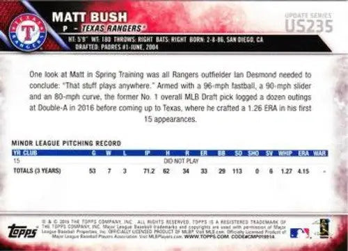 2016 Topps Update Rainbow Foil #US235 Matt Bush NM-MT Rangers ID:12105 - Trading Cards