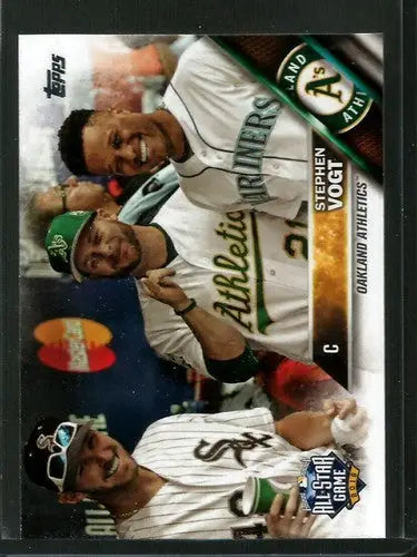 Baseball card featuring three smiling players from 2016 Topps Update US86 Stephen Vogt NM-MT Athletics