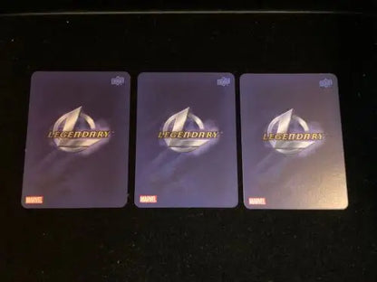 Three Legendary Marvel cards from the 2016 UD Marvel Masterpieces promo card set