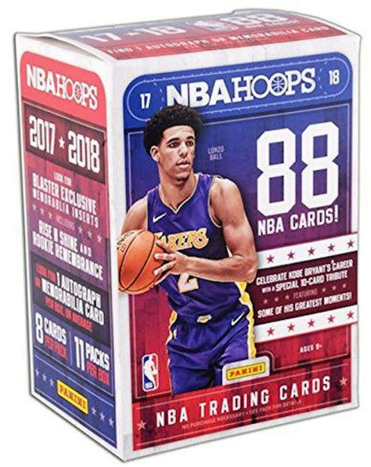 NBA Hoops trading card box featuring 2017-18 Panini Hoops Basketball memorabilia cards